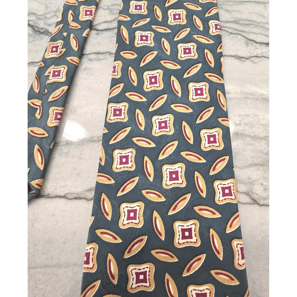 90s Vintage Britches of Georgetown Tie Mens Silk Blue Gold Burgundy Pattern‎ USA